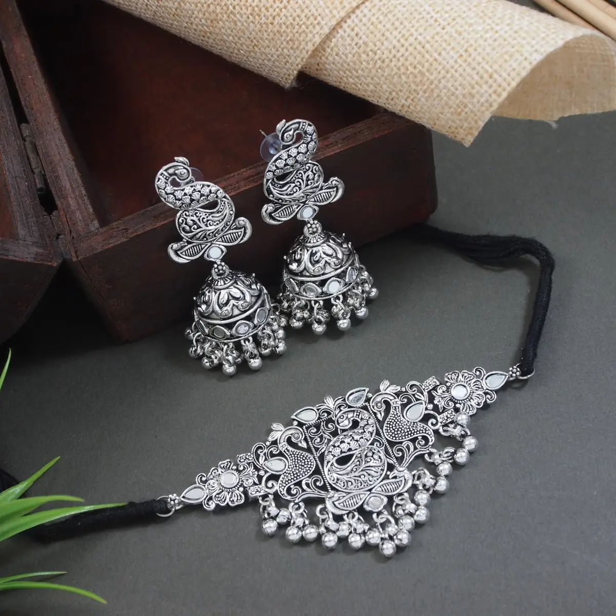 I Jewels Silver Oxidised Afghani Choker Necklace Set with Earrings & Maang Tikka, 12 cm Necklace Length | Bollywood Style Wedding Jewellery - view 3