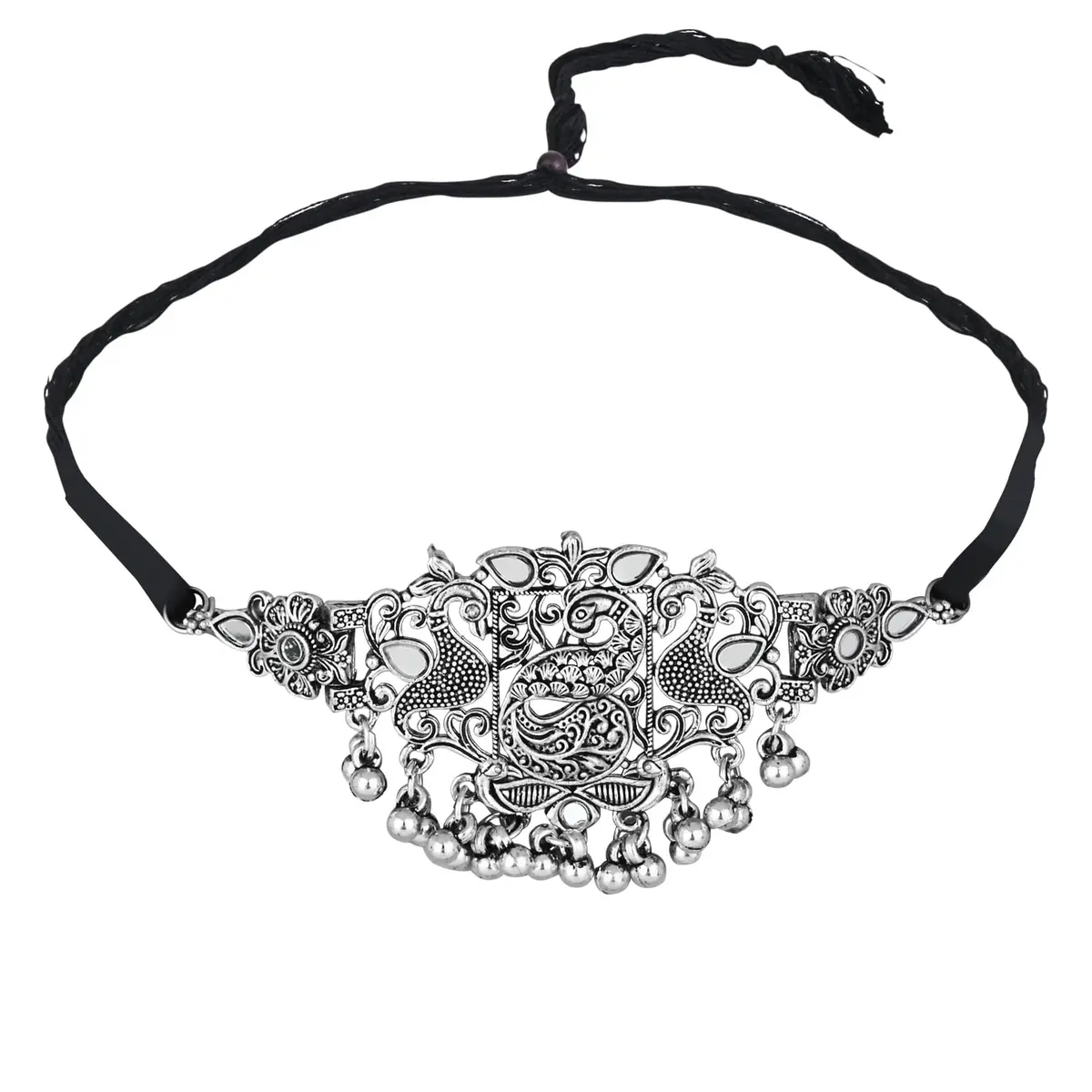 I Jewels Silver Oxidised Afghani Choker Necklace Set with Earrings & Maang Tikka, 12 cm Necklace Length | Bollywood Style Wedding Jewellery - view 4