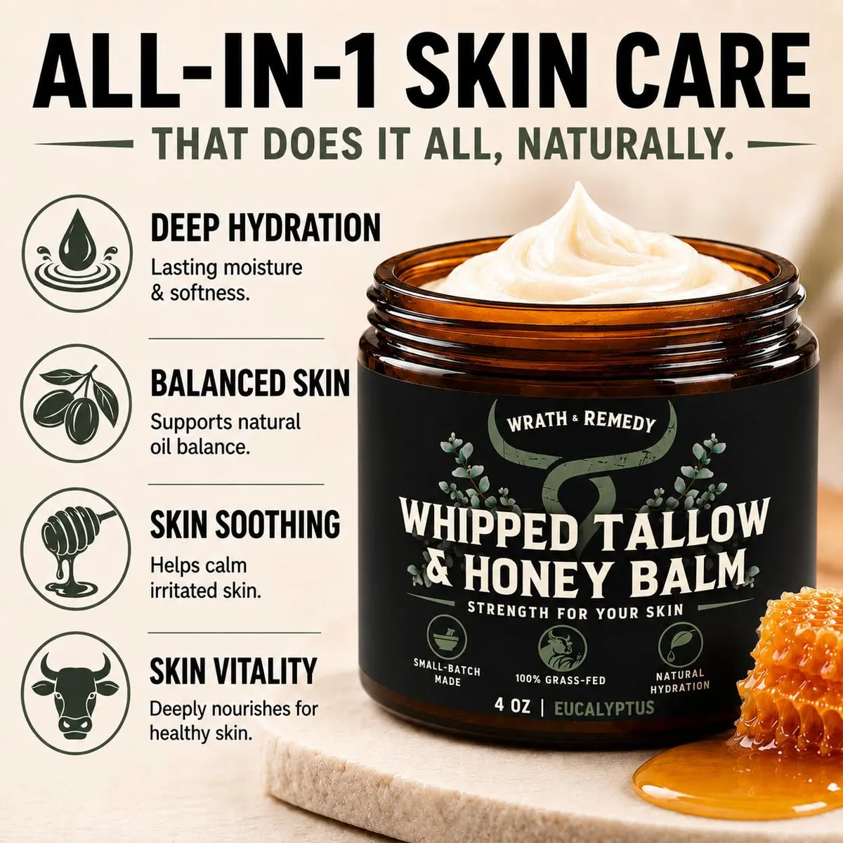 Wrath & Remedy Organic Beef Tallow for Skin, 4 oz | Handcrafted, Eucalyptus, Made in USA - view 5
