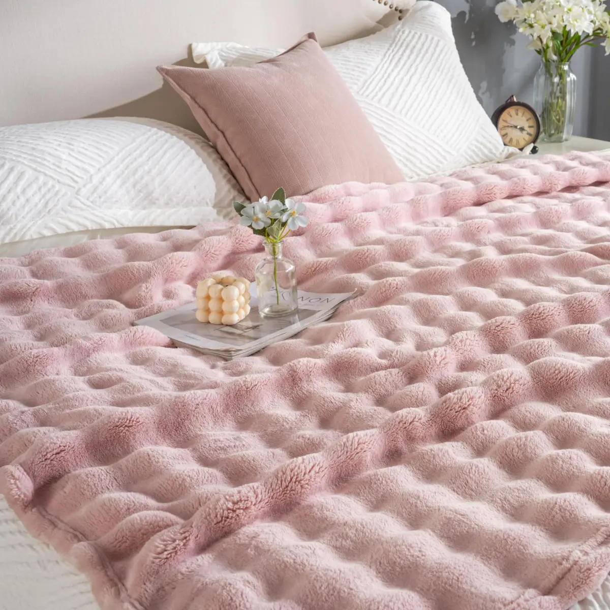 Jungle Star Pink Faux Fur Bubble Throw Blanket 127x152 cm (50"x60") | Soft Fluffy Plush for Couch & Bed - view 2