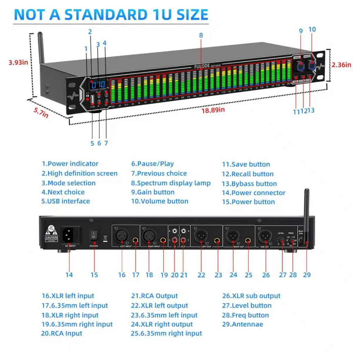FULODE Home Audio Equalizer 31-Band Digital Spectrum Analyzer | Noise Reduction Rack Mount - view 9
