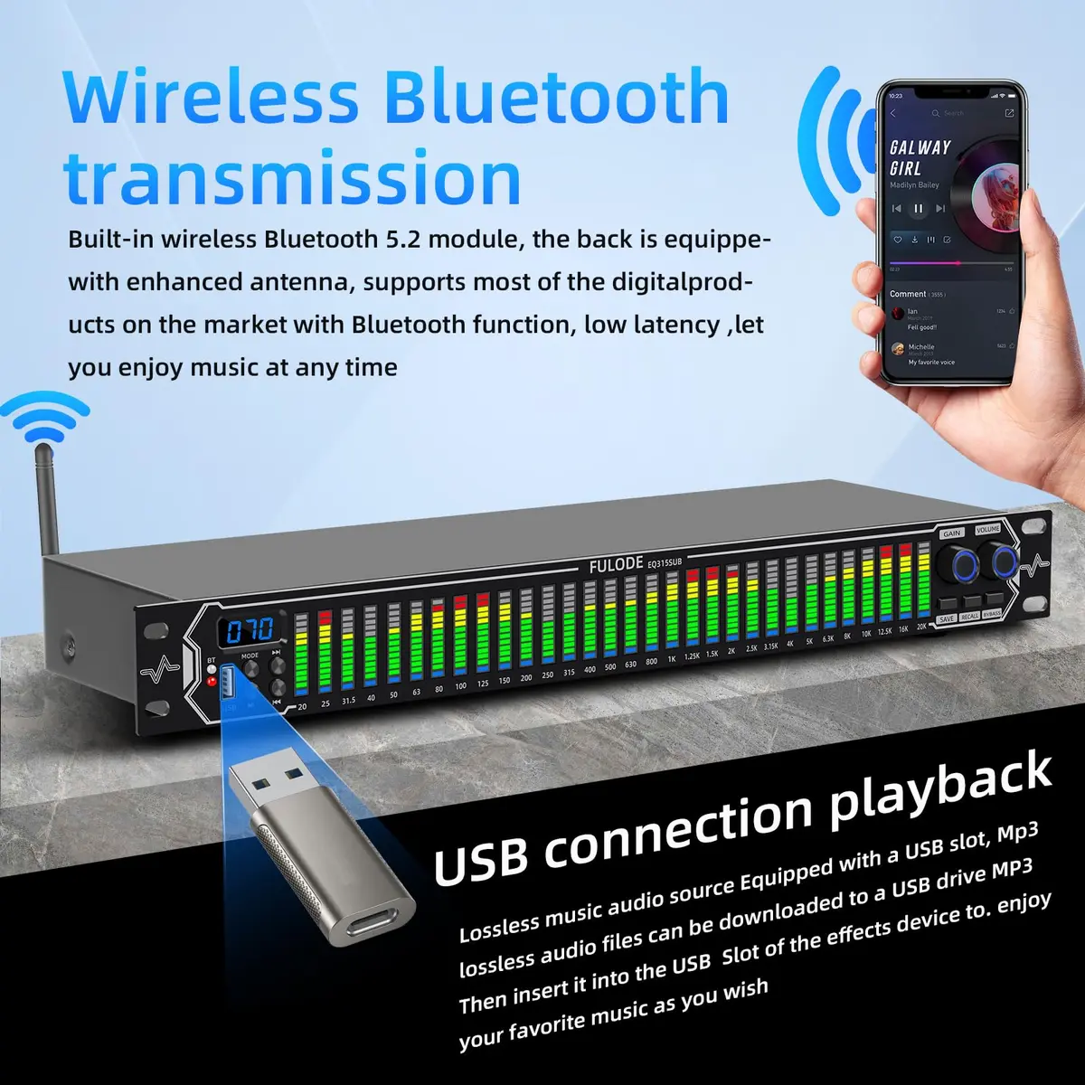FULODE Home Audio Equalizer 31-Band Digital Spectrum Analyzer | Noise Reduction Rack Mount - view 3