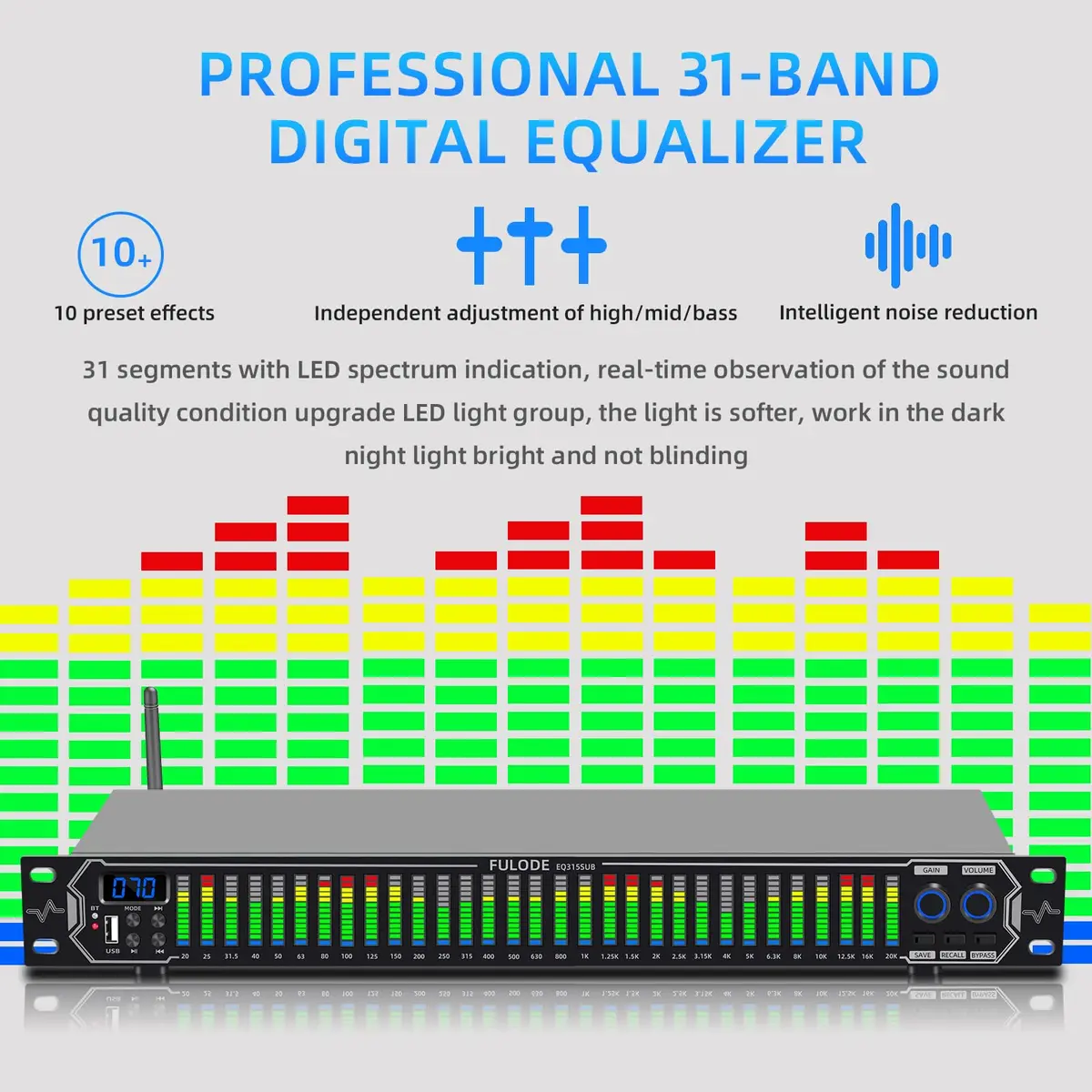 FULODE Home Audio Equalizer 31-Band Digital Spectrum Analyzer | Noise Reduction Rack Mount - view 4