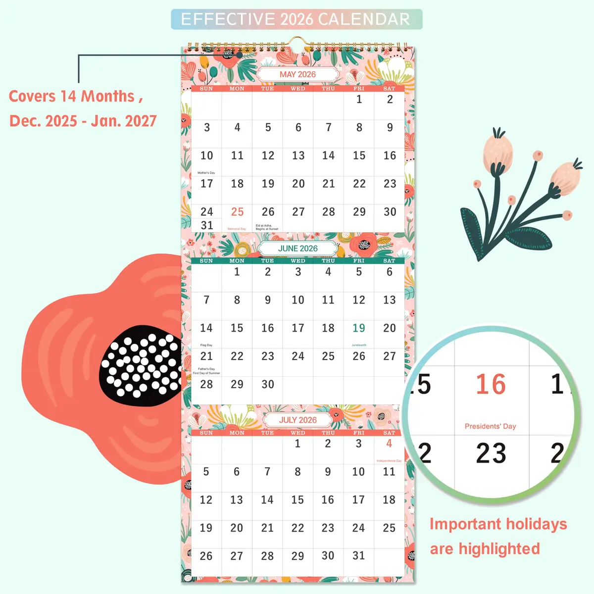 Coboll Wall Calendar 2026-2027 | 3 Month Wall Calendar Display, 11.25" x 26" - view 5