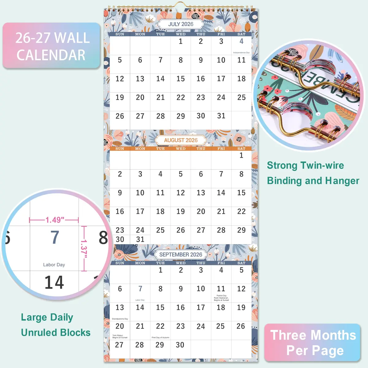 Coboll Wall Calendar 2026-2027 | 3 Month Wall Calendar Display, 11.25" x 26" - view 3