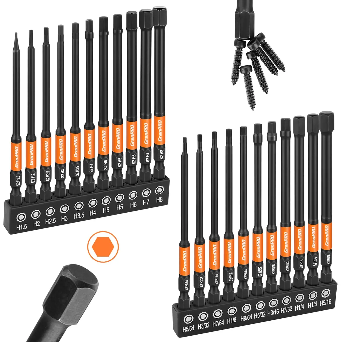 GRENPRO Allen Wrench Drill Bit Set, 22PCS 4-Inch Metric & SAE Impact Bits | 1/4" Hex Shank for Impact Drivers - main product image