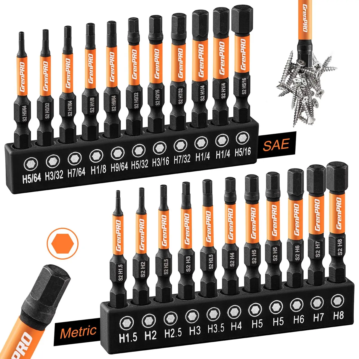 GRENPRO Impact Allen Wrench Drill Bit Set, 22-Piece Hex Bits | Metric & SAE Impact-Ready - main product image