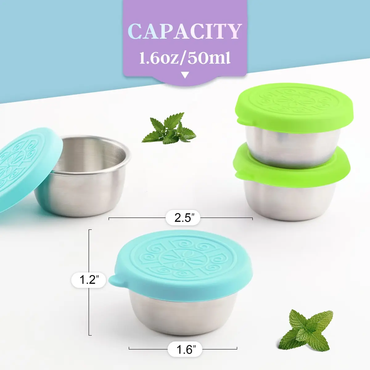 Qukaka 1.6 oz Stainless Steel Salad Dressing Containers with Lids, 6 Pack | Leakproof Reusable Food Storage - view 2