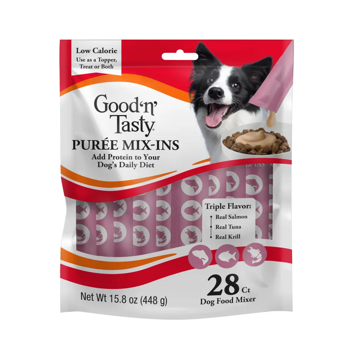 Good ‘N’ Tasty Puree Mix-Ins Dog Food Topper 28 Count | Salmon, Tuna & Krill, Low-Calorie, Sensitive Stomach (120 chars) - main product image