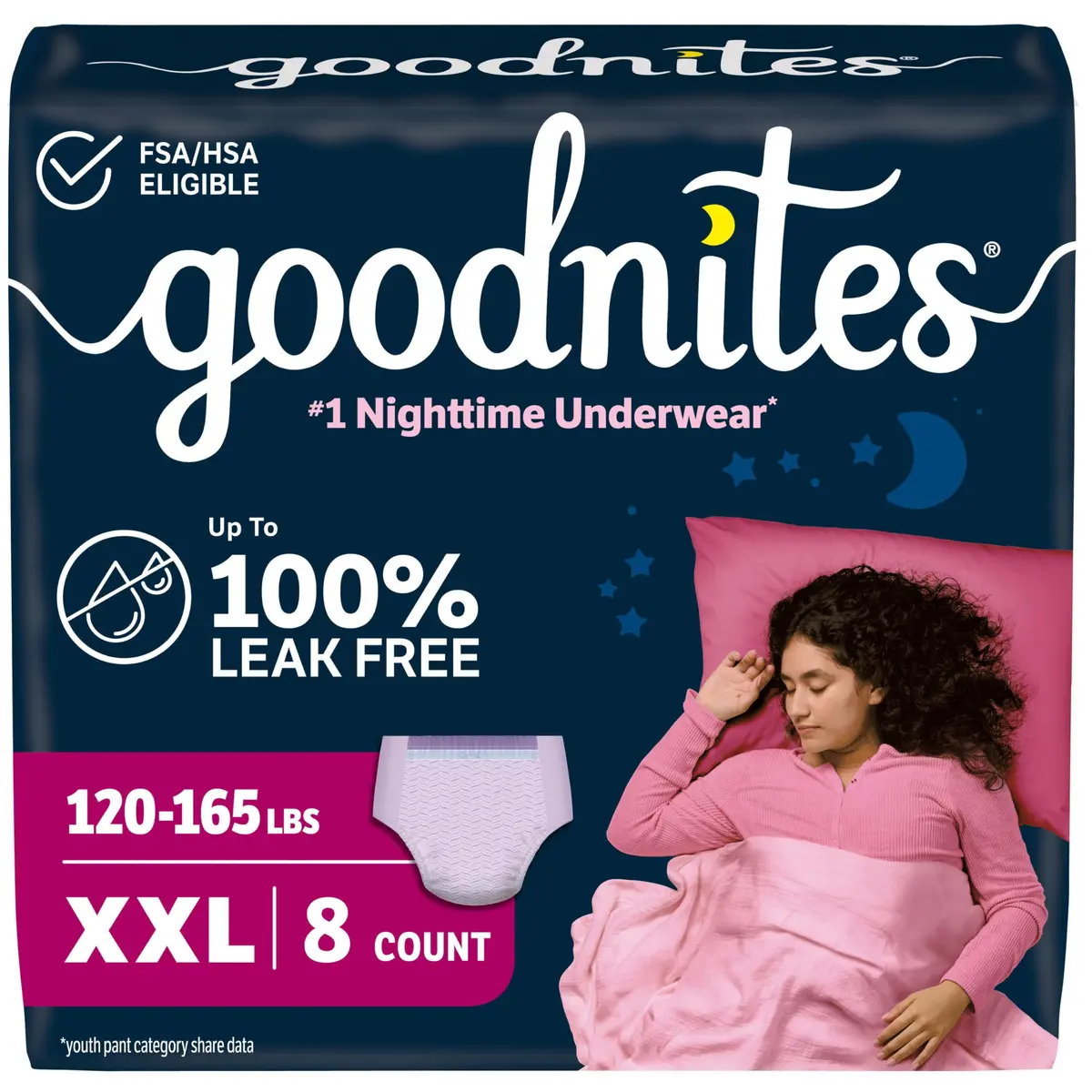 GoodNites Girls' Nighttime Underwear XXL (120-165 lbs) 8 Ct | Clinically Proven for Better Sleep - main product image