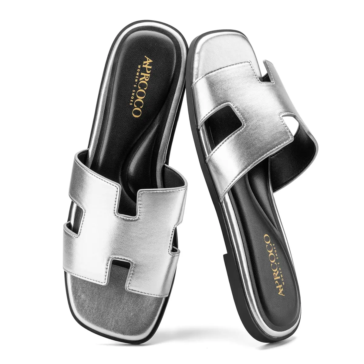 AprCoco Women's Classic H-Band Flat Sandals Silver US 8.5 | Comfortable Memory Foam Insole - main product image