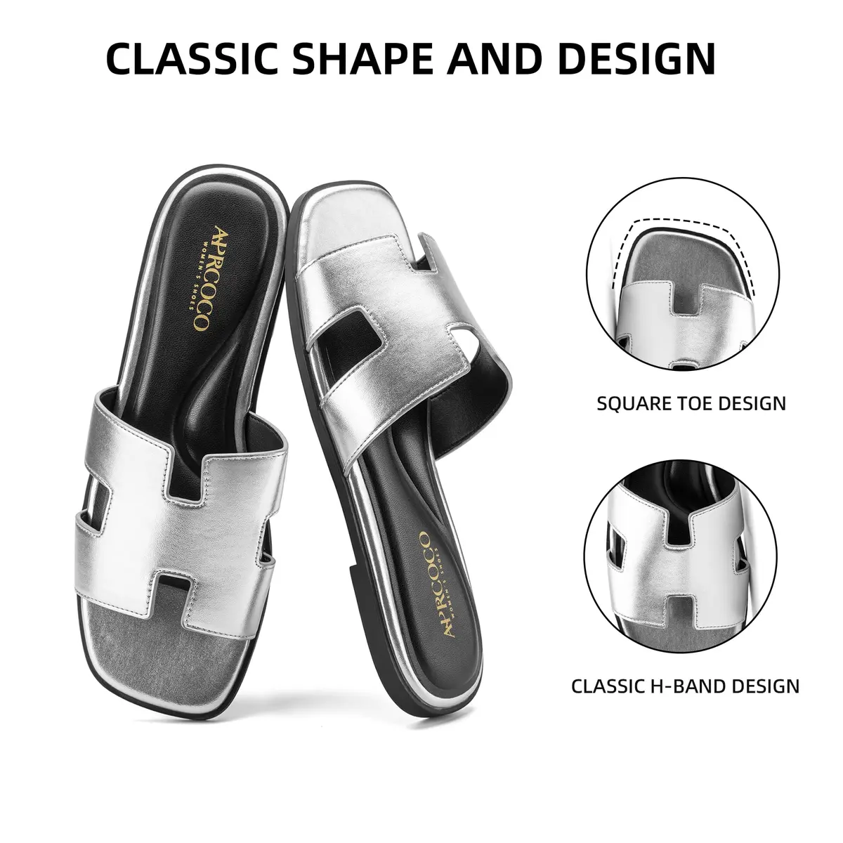 AprCoco Women's Classic H-Band Flat Sandals Silver US 8.5 | Comfortable Memory Foam Insole - view 4