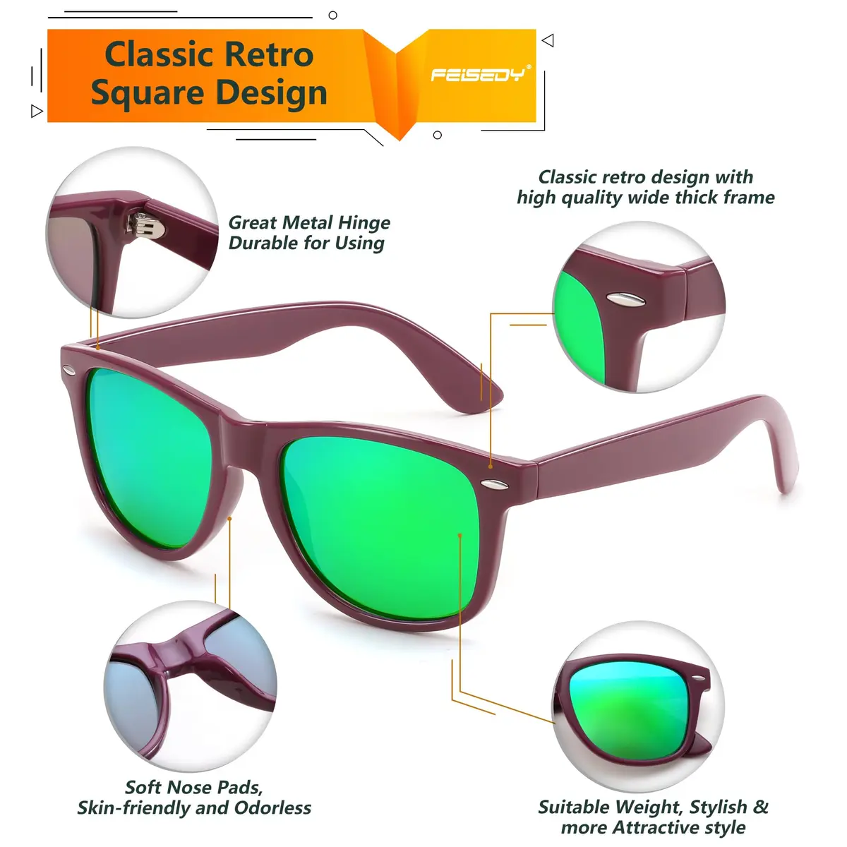 FEISEDY Classic Square Retro Polarized Sunglasses for Women & Men | 54mm (2.13 in) Lens Width - view 5