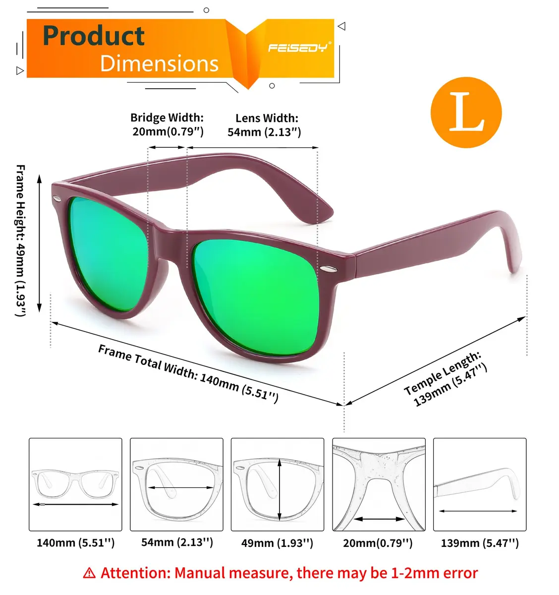 FEISEDY Classic Square Retro Polarized Sunglasses for Women & Men | 54mm (2.13 in) Lens Width - view 7