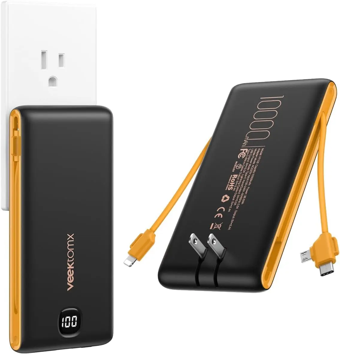 VEEKTOMX 10000mAh Portable Charger with Built-in Cables & Wall Plug | Slim Power Bank for Travel & Multiple Devices - main product image