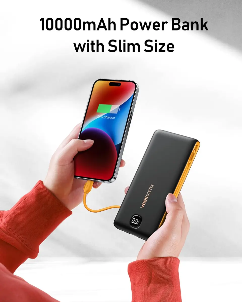 VEEKTOMX 10000mAh Portable Charger with Built-in Cables & Wall Plug | Slim Power Bank for Travel & Multiple Devices - view 7