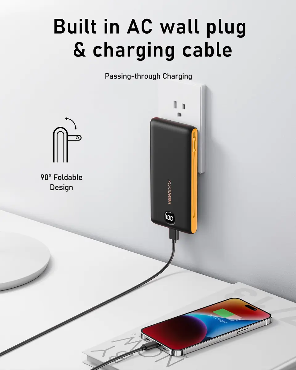 VEEKTOMX 10000mAh Portable Charger with Built-in Cables & Wall Plug | Slim Power Bank for Travel & Multiple Devices - view 2