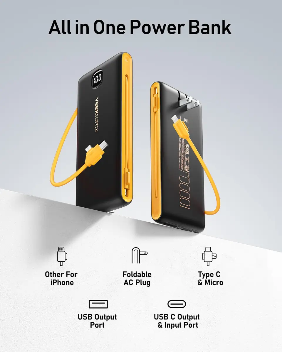 VEEKTOMX 10000mAh Portable Charger with Built-in Cables & Wall Plug | Slim Power Bank for Travel & Multiple Devices - view 3