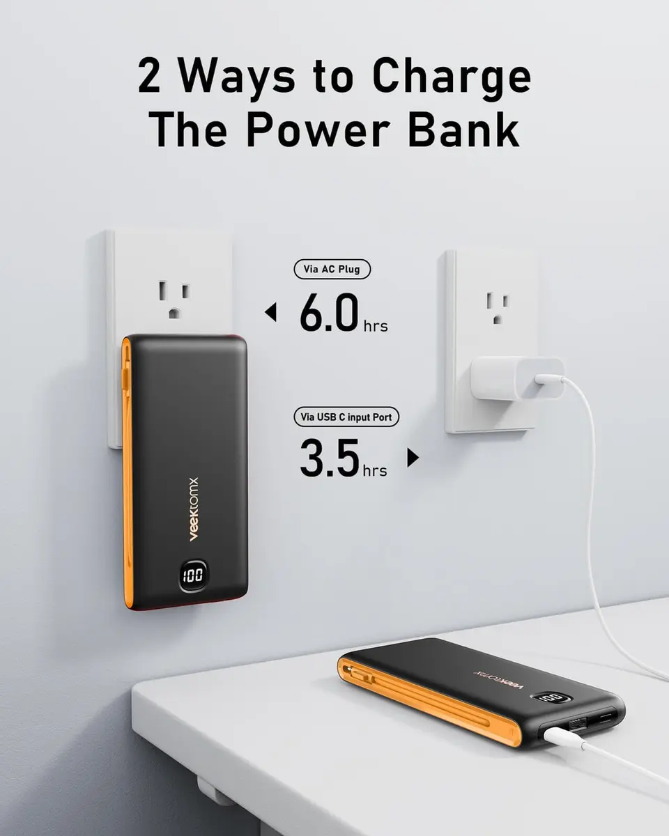 VEEKTOMX 10000mAh Portable Charger with Built-in Cables & Wall Plug | Slim Power Bank for Travel & Multiple Devices - view 4