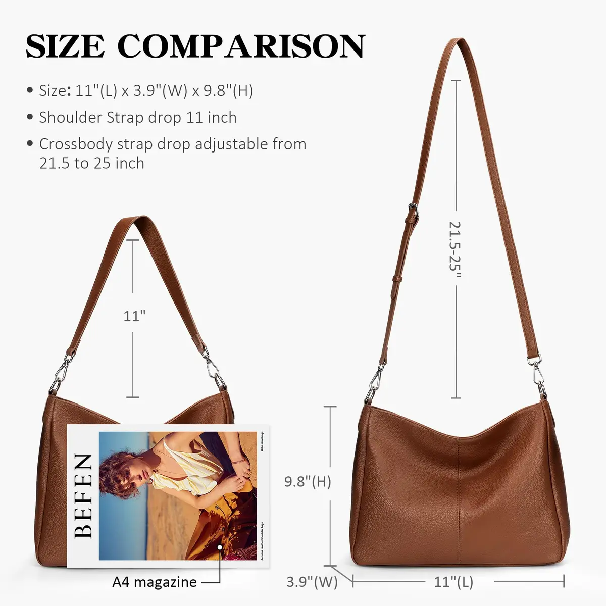 befen Genuine Leather Hobo Bag for Women | Adjustable Crossbody Shoulder Purse - view 6