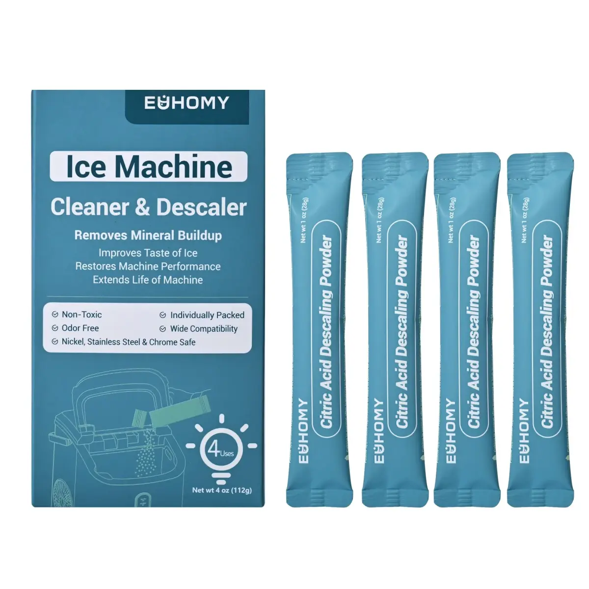 EUHOMY Ice Maker Cleaner & Descaler 4 Use (113g / 4 oz) | Organic Citric Acid Powder for All Brands - main product image