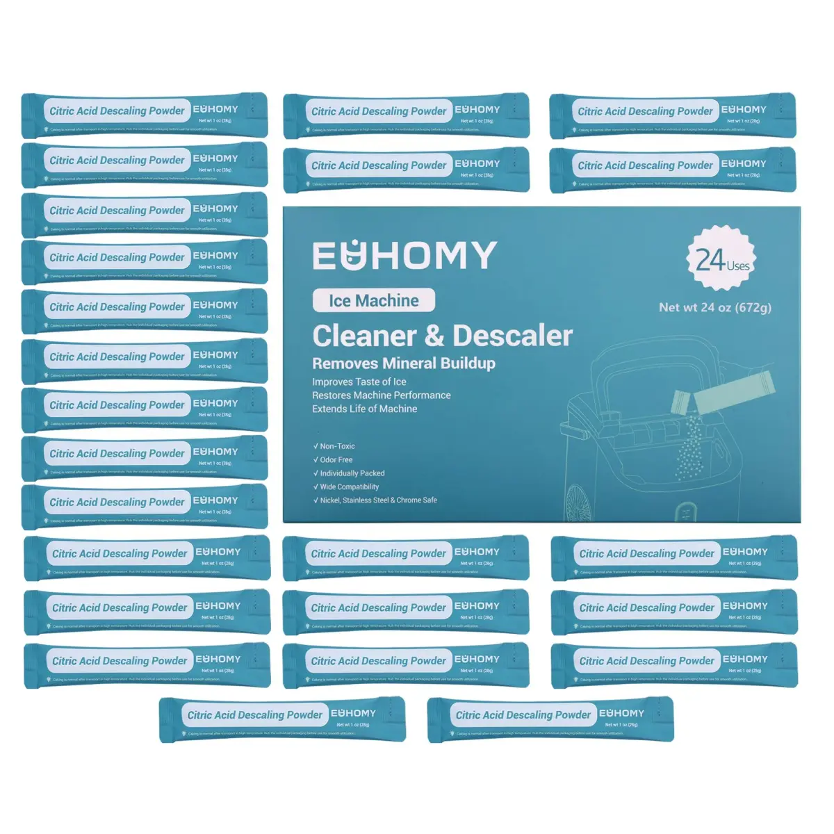 EUHOMY Ice Maker Cleaner & Descaler Powder 24 Uses | Organic Citric Acid for All Brands - main product image