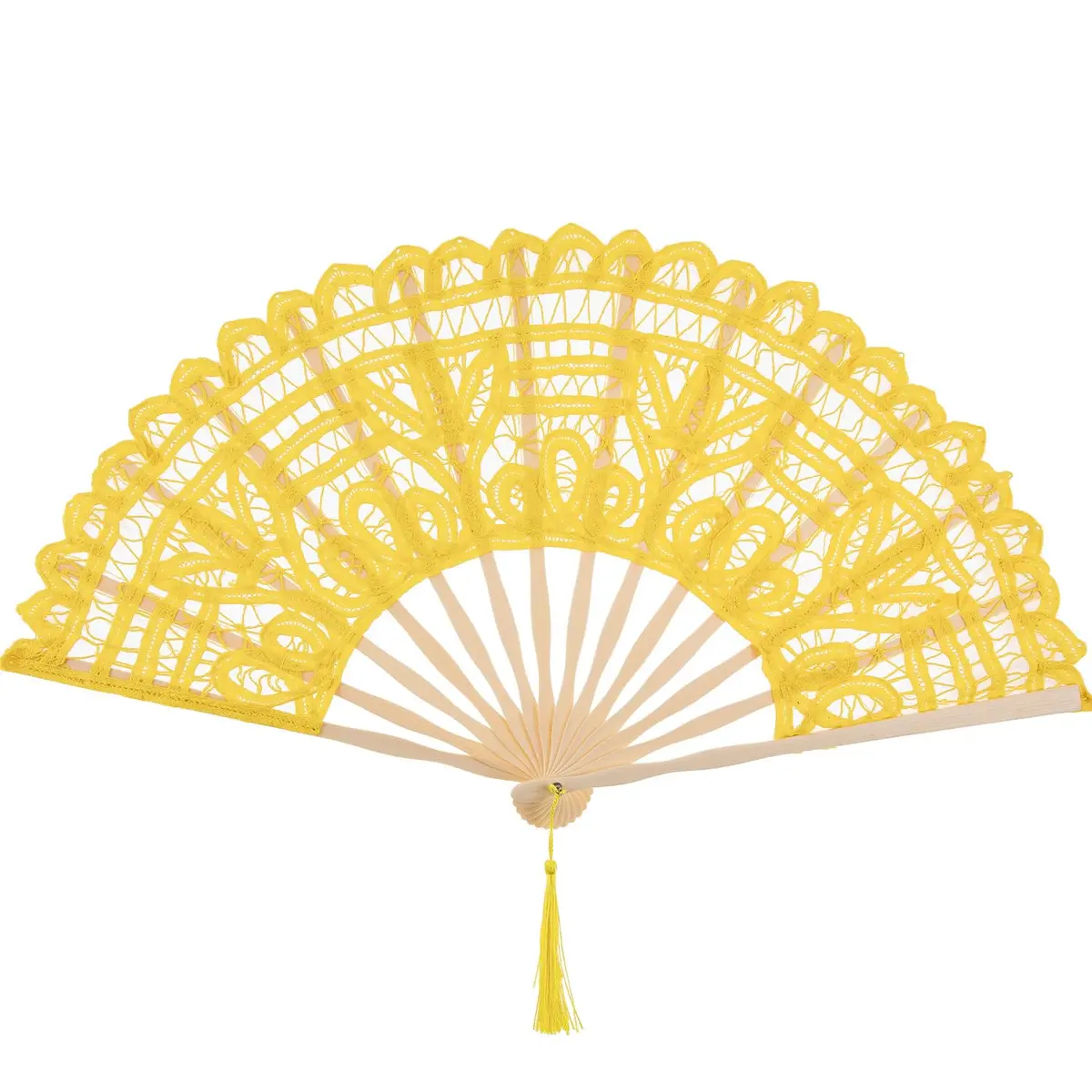 BABEYOND Cotton Lace Folding Hand Fan Bamboo Frame Yellow | Elegant Bridal Accessory for Weddings & Parties - main product image