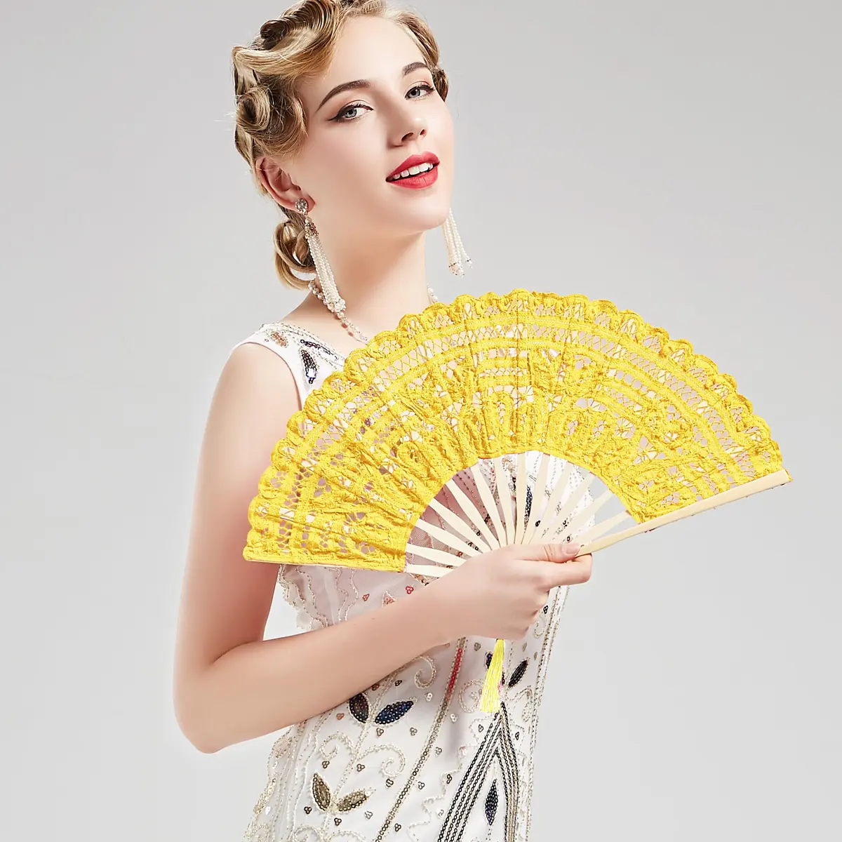BABEYOND Cotton Lace Folding Hand Fan Bamboo Frame Yellow | Elegant Bridal Accessory for Weddings & Parties - view 2