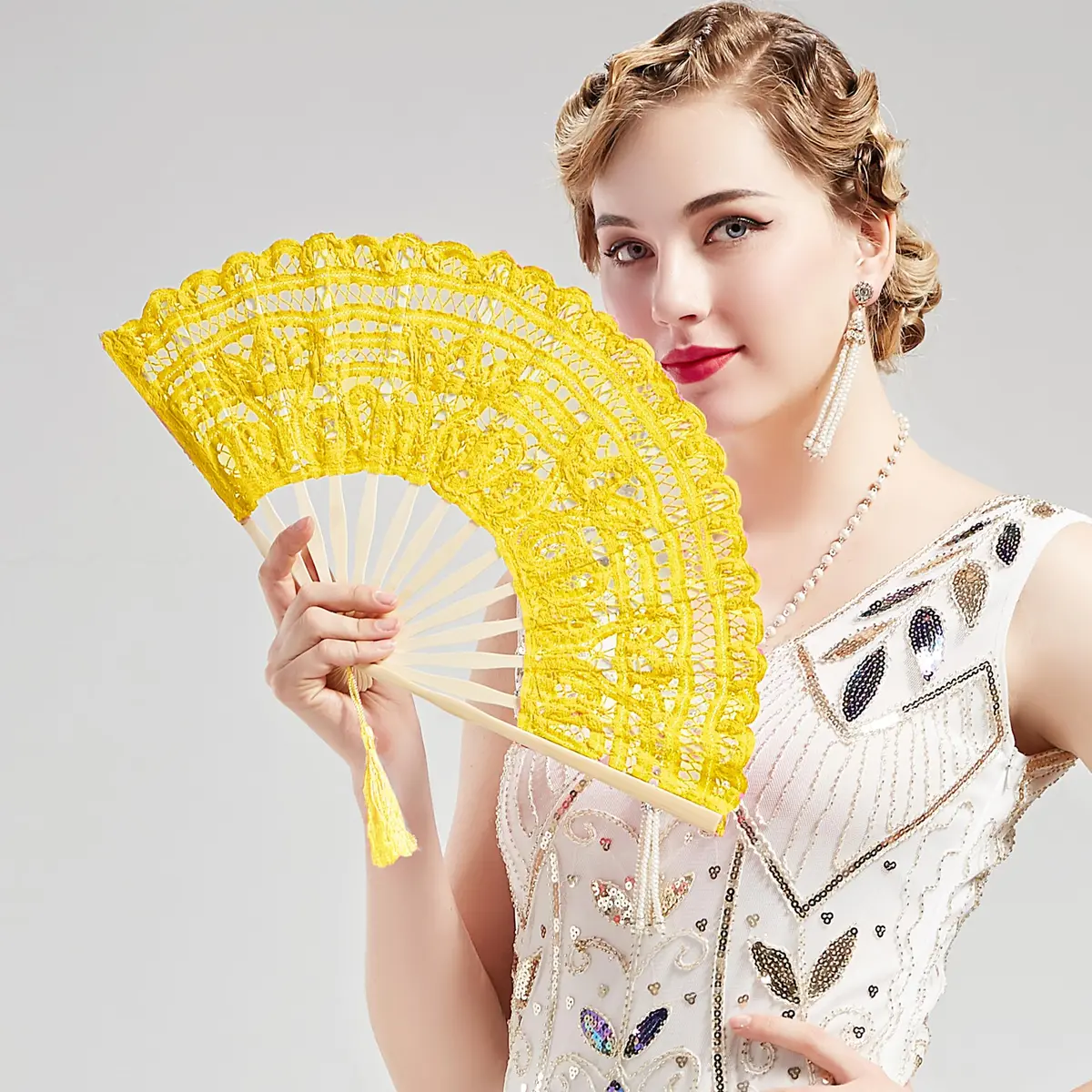 BABEYOND Cotton Lace Folding Hand Fan Bamboo Frame Yellow | Elegant Bridal Accessory for Weddings & Parties - view 3