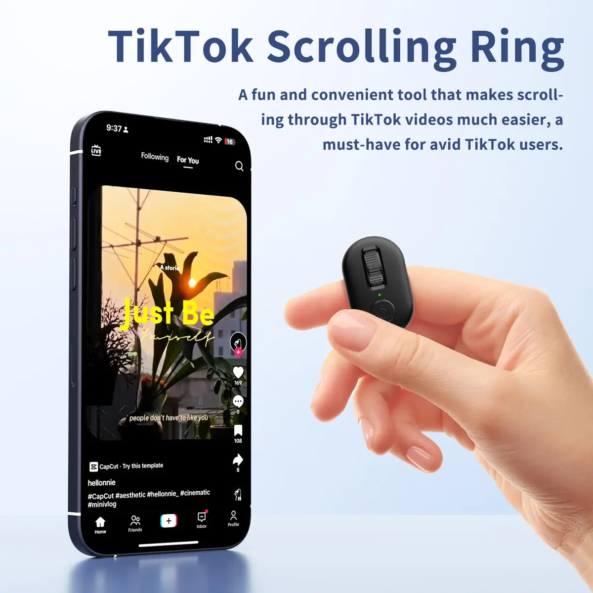KINMATES Remote Control Ring for Tablets & Phones | Hands-Free TikTok & Ebook Page Turner, Bluetooth, Rechargeable, Black - view 2