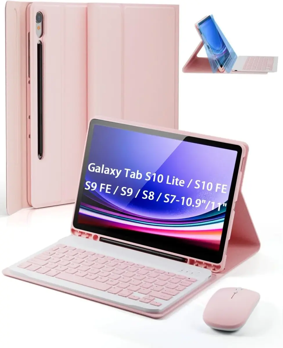 TUNKARMOR Pink Keyboard Case with Mouse for Samsung Galaxy Tab S9 FE/S9/S8/S7 10.9"/11" | Built-in Pencil Holder - main product image