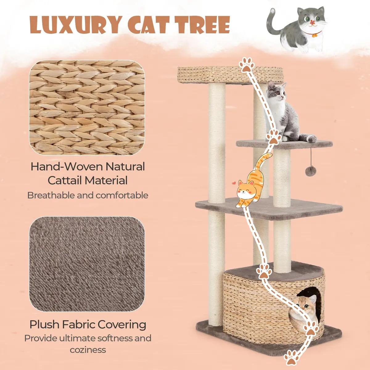 PETSITE 52 inch Cattail Cat Tree | Multi-Level Indoor Cat Tower with Scratching Posts & Cushions - view 5
