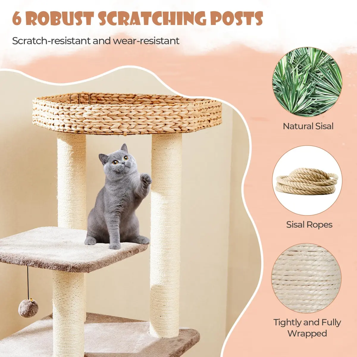 PETSITE 52 inch Cattail Cat Tree | Multi-Level Indoor Cat Tower with Scratching Posts & Cushions - view 6