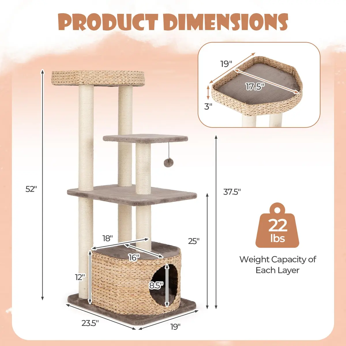 PETSITE 52 inch Cattail Cat Tree | Multi-Level Indoor Cat Tower with Scratching Posts & Cushions - view 4