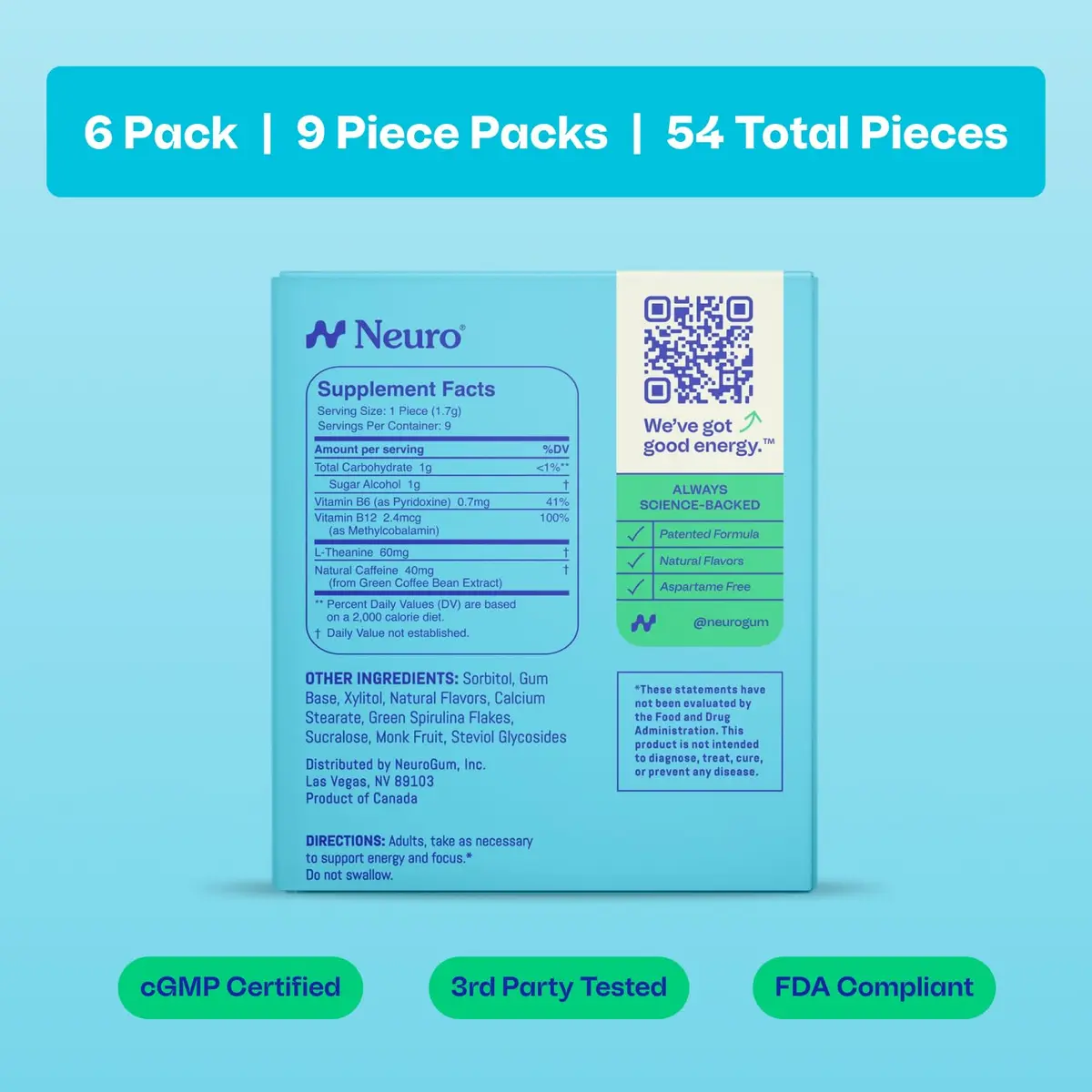 Neuro Energy & Focus Gum, Spearmint, 54 Count (9 Pieces Per Pack x 6 Packs) | Nootropic Supplement for Clarity & Performance - view 9