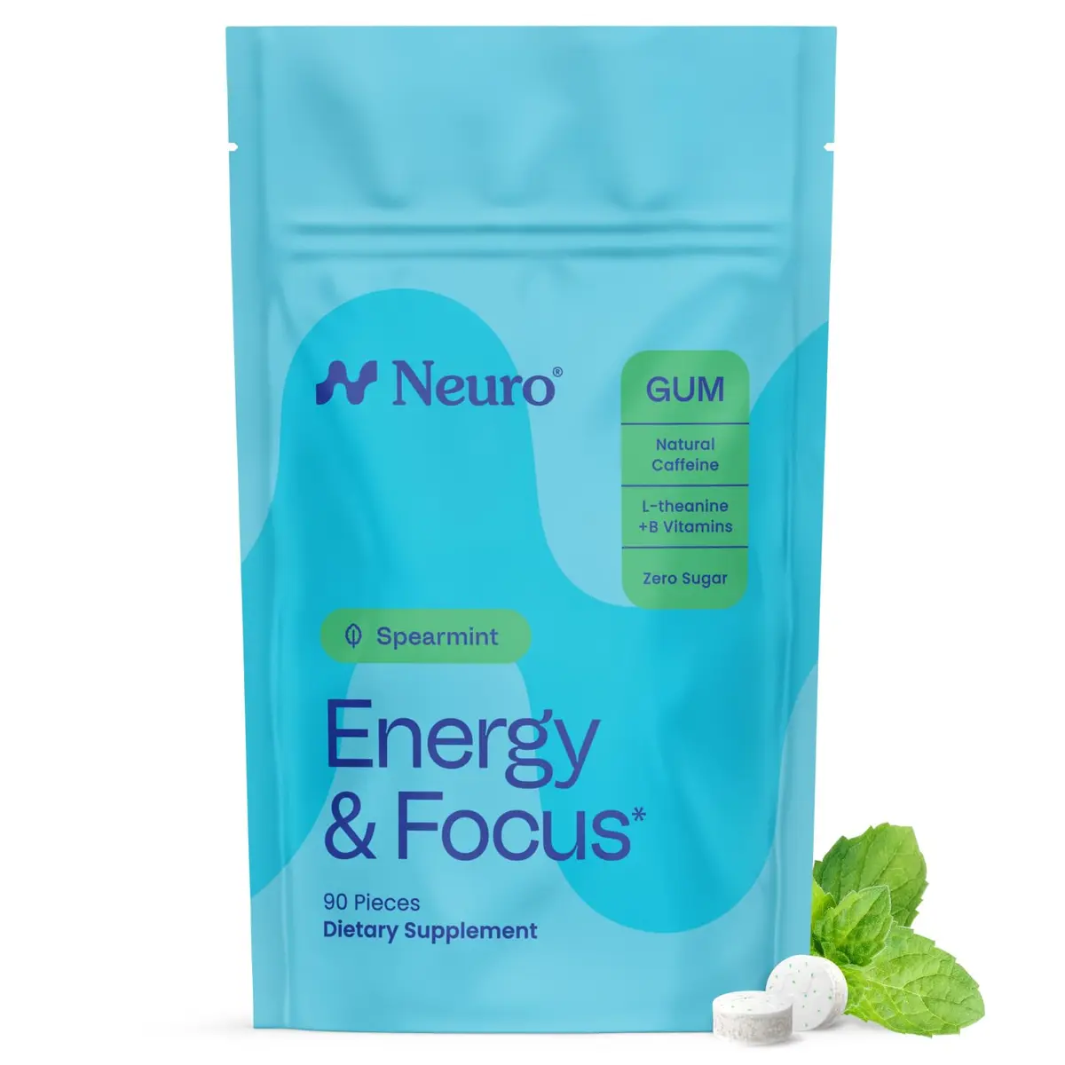 Neuro Energy & Focus Gum, Spearmint, 90 Count | Nootropic Supplement with Natural Caffeine & L-Theanine - main product image