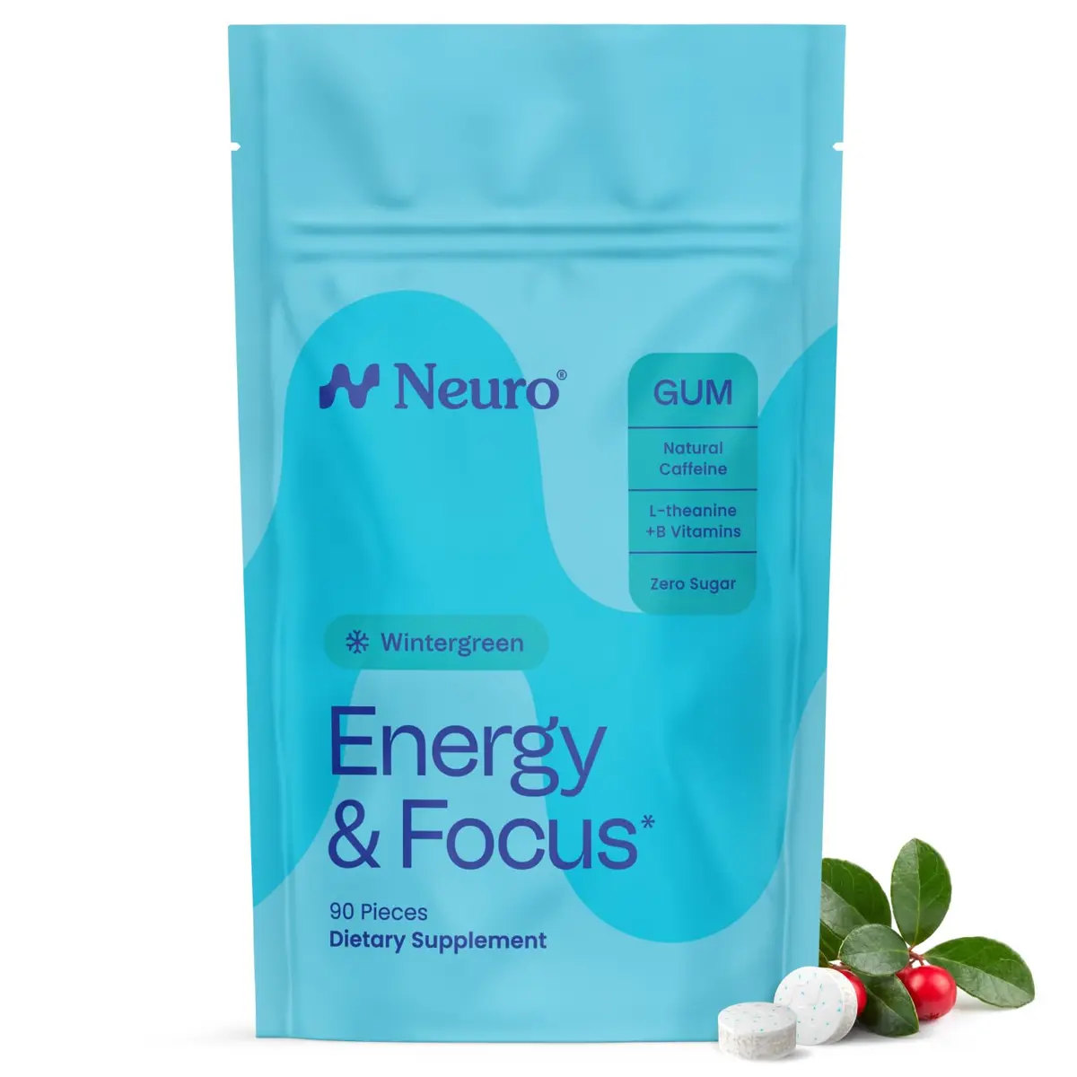 Neuro Energy & Focus Gum, Wintergreen, 90 Count | Nootropic Supplement with Natural Caffeine & L-Theanine - main product image