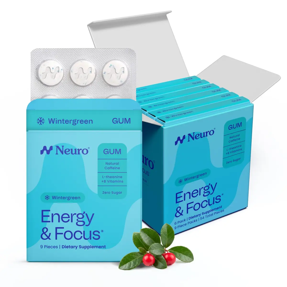 Neuro Energy & Focus Gum, Wintergreen, 54 Count (9 Count x 6 Packs) | Nootropic Supplement for Clarity & Performance - main product image