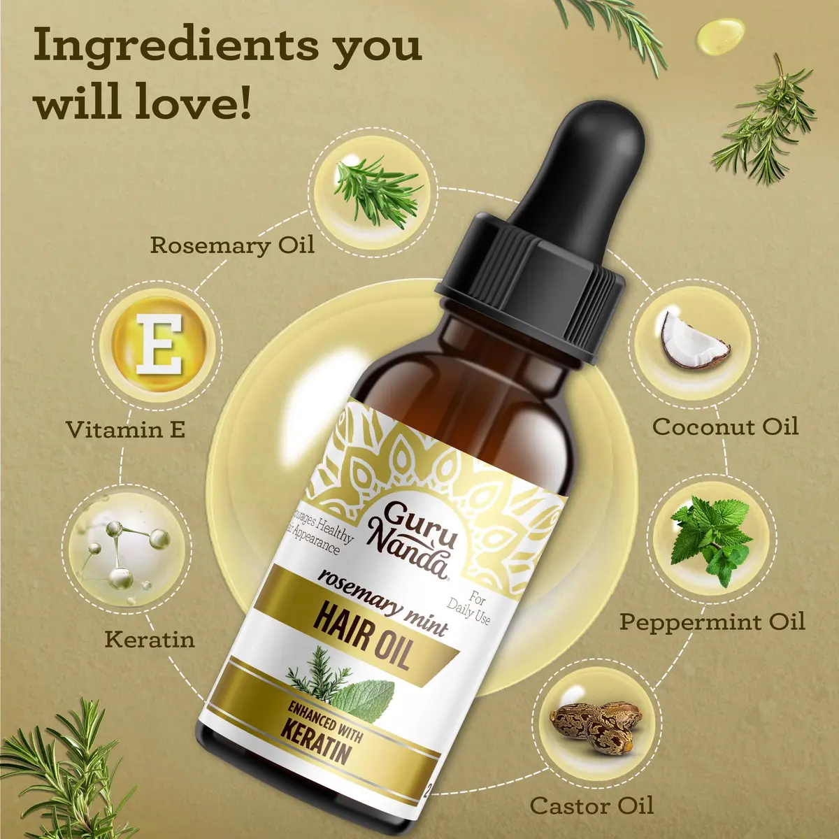 GuruNanda Rosemary Mint Hair Growth Oil 60ml (2 Fl Oz) | Stimulates Scalp for Stronger, Shinier Hair - view 2