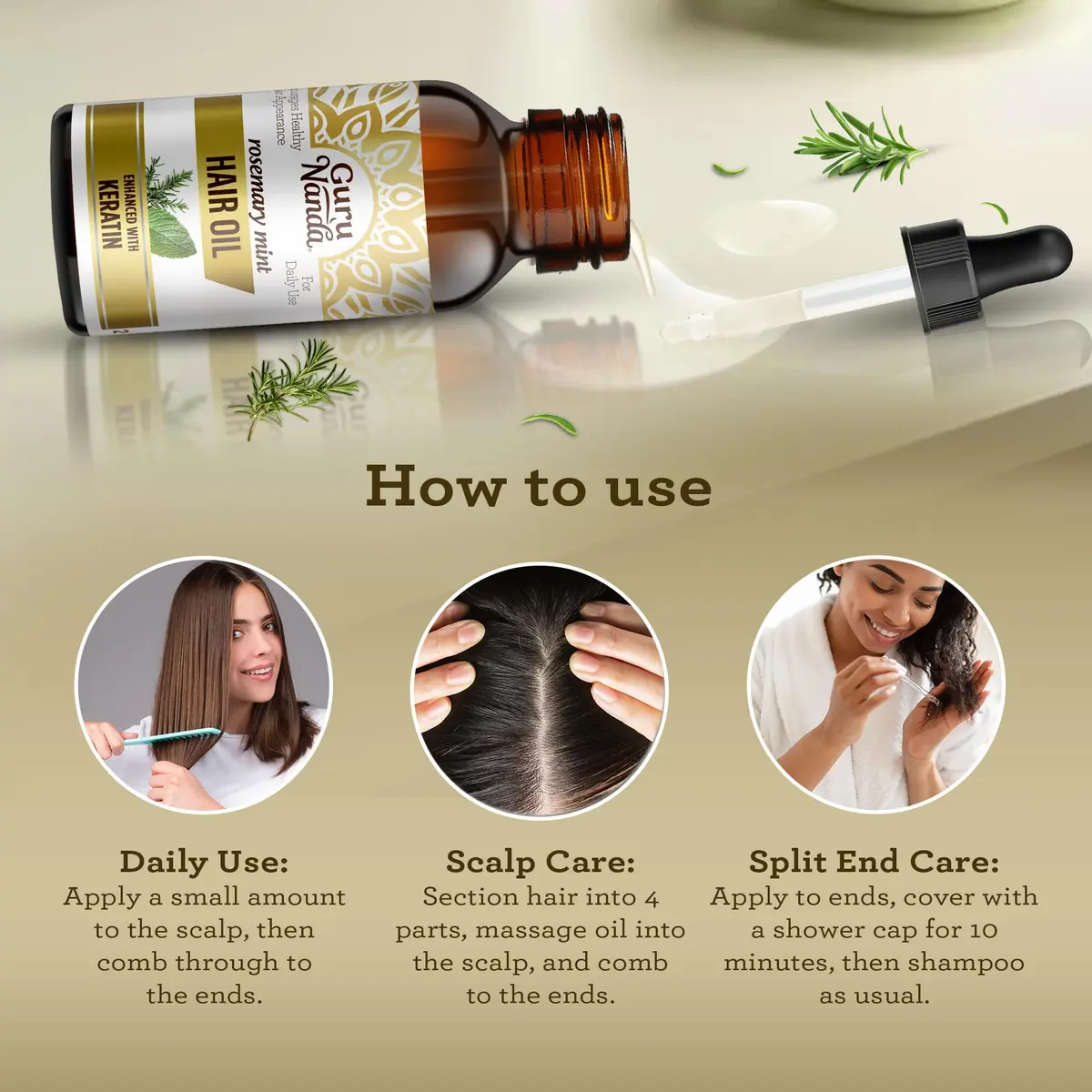 GuruNanda Rosemary Mint Hair Growth Oil 60ml (2 Fl Oz) | Stimulates Scalp for Stronger, Shinier Hair - view 4