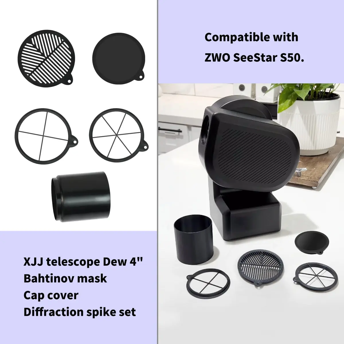 XJJ Dew Shield Combination with Bahtinov Mask & Diffraction Spikes for ZWO SeeStar S50 Telescope - view 2