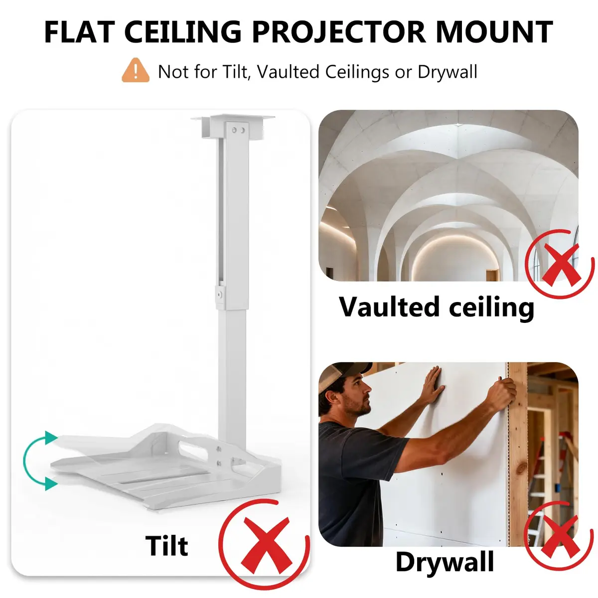 WALI Projector Ceiling Mount Tray, Height Adjustable Wall Mount Holder for Projectors, Hidden Cable Management, Fits Projectors up to 22lbs, 13.7" x 8.6" Platform, White (PM-005-W) - view 6