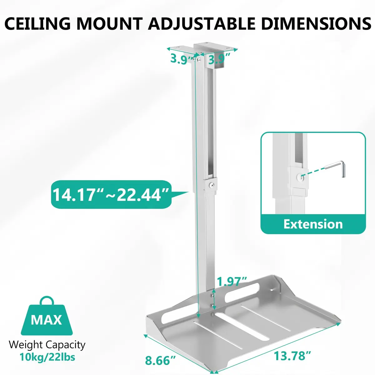 WALI Projector Ceiling Mount Tray, Height Adjustable Wall Mount Holder for Projectors, Hidden Cable Management, Fits Projectors up to 22lbs, 13.7" x 8.6" Platform, White (PM-005-W) - view 7