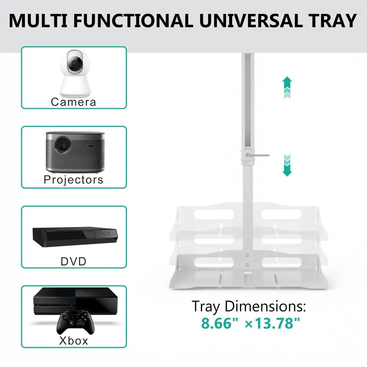 WALI Projector Ceiling Mount Tray, Height Adjustable Wall Mount Holder for Projectors, Hidden Cable Management, Fits Projectors up to 22lbs, 13.7" x 8.6" Platform, White (PM-005-W) - view 2