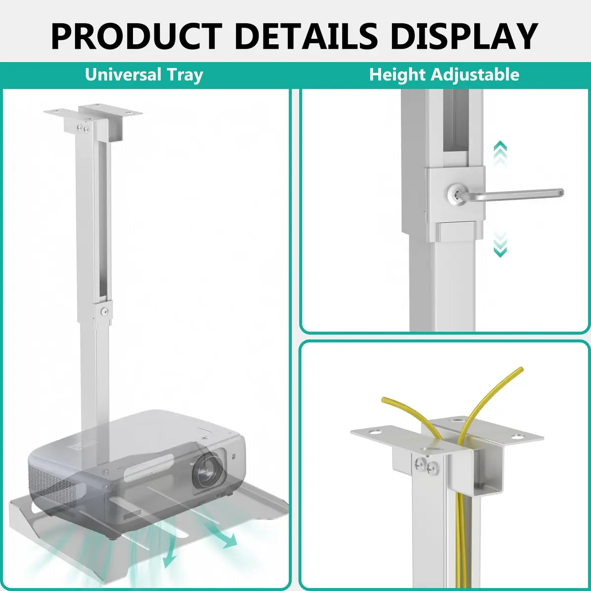 WALI Projector Ceiling Mount Tray, Height Adjustable Wall Mount Holder for Projectors, Hidden Cable Management, Fits Projectors up to 22lbs, 13.7" x 8.6" Platform, White (PM-005-W) - view 3