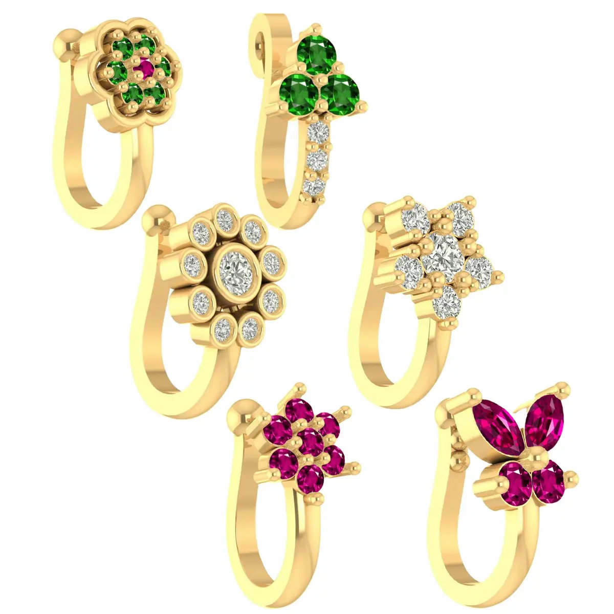 VAMA 6 Pcs Multicolor Gold Plated Clip-on Nose Stud Pin Set 1.2 cm (0.47 in) | Non-Piercing Fashion Jewelry - main product image