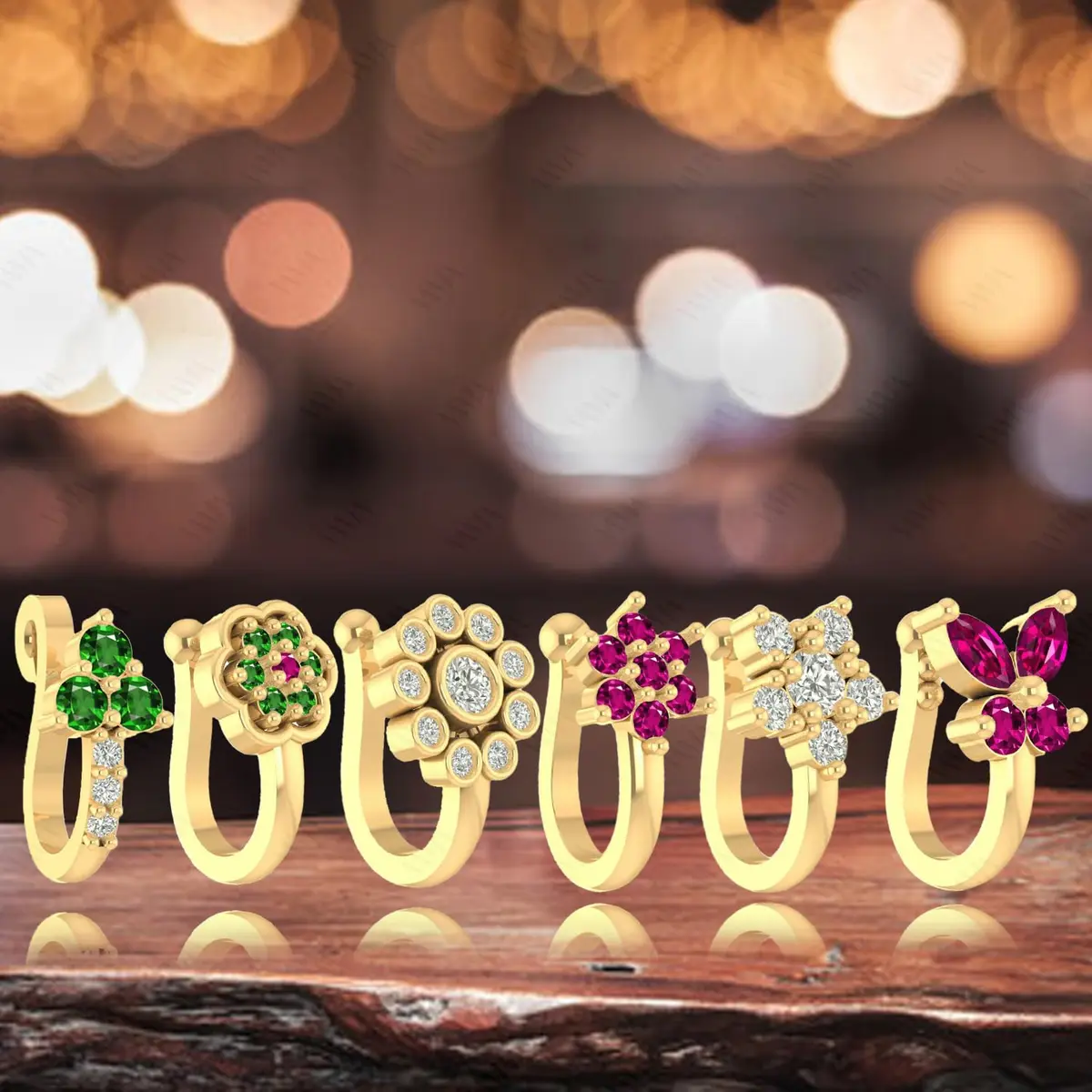 VAMA 6 Pcs Multicolor Gold Plated Clip-on Nose Stud Pin Set 1.2 cm (0.47 in) | Non-Piercing Fashion Jewelry - view 5