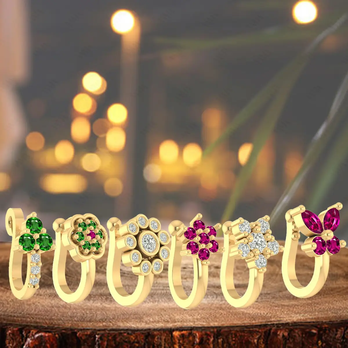 VAMA 6 Pcs Multicolor Gold Plated Clip-on Nose Stud Pin Set 1.2 cm (0.47 in) | Non-Piercing Fashion Jewelry - view 7