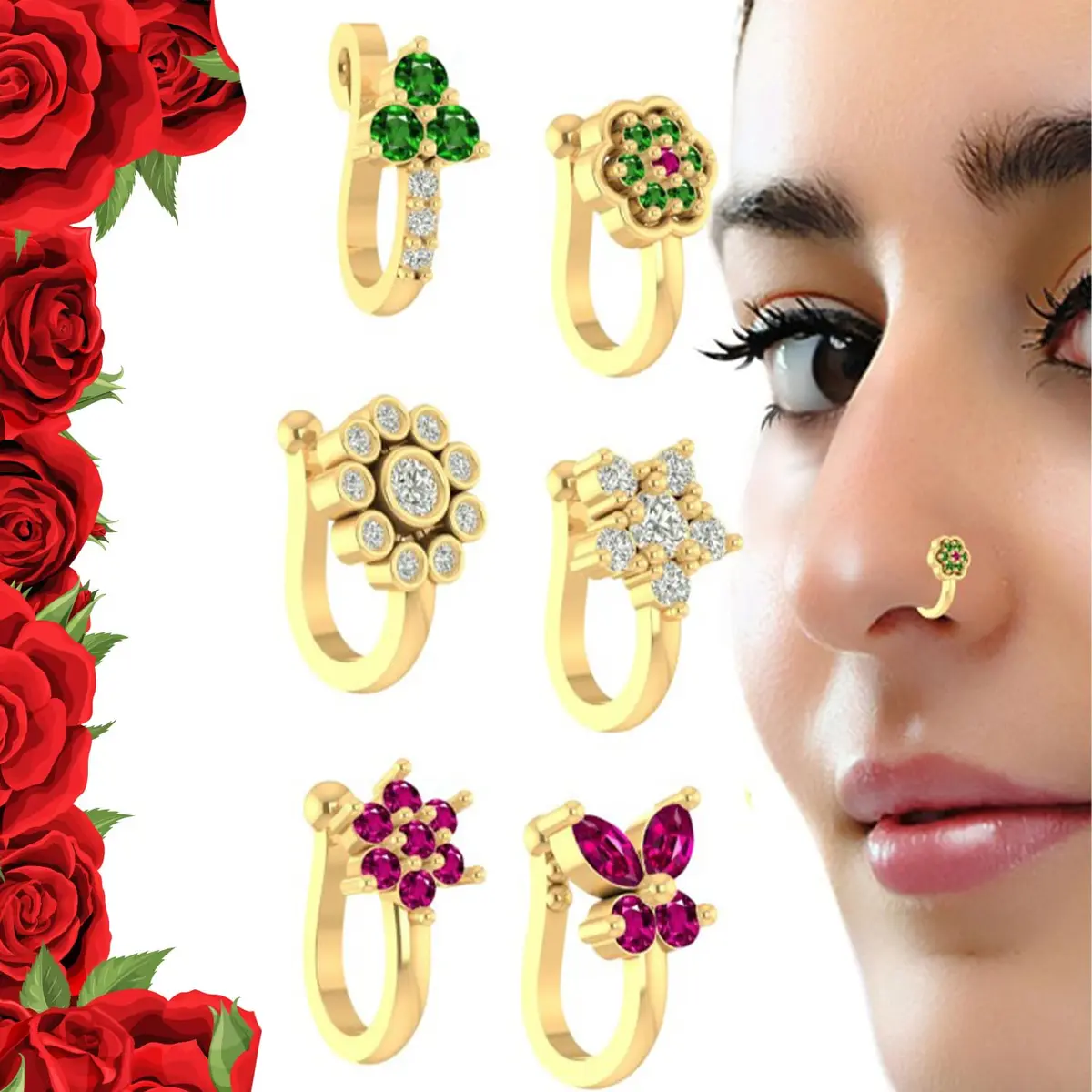 VAMA 6 Pcs Multicolor Gold Plated Clip-on Nose Stud Pin Set 1.2 cm (0.47 in) | Non-Piercing Fashion Jewelry - view 2