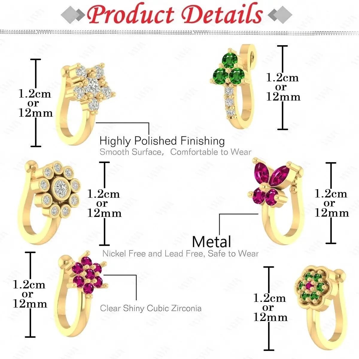VAMA 6 Pcs Multicolor Gold Plated Clip-on Nose Stud Pin Set 1.2 cm (0.47 in) | Non-Piercing Fashion Jewelry - view 3